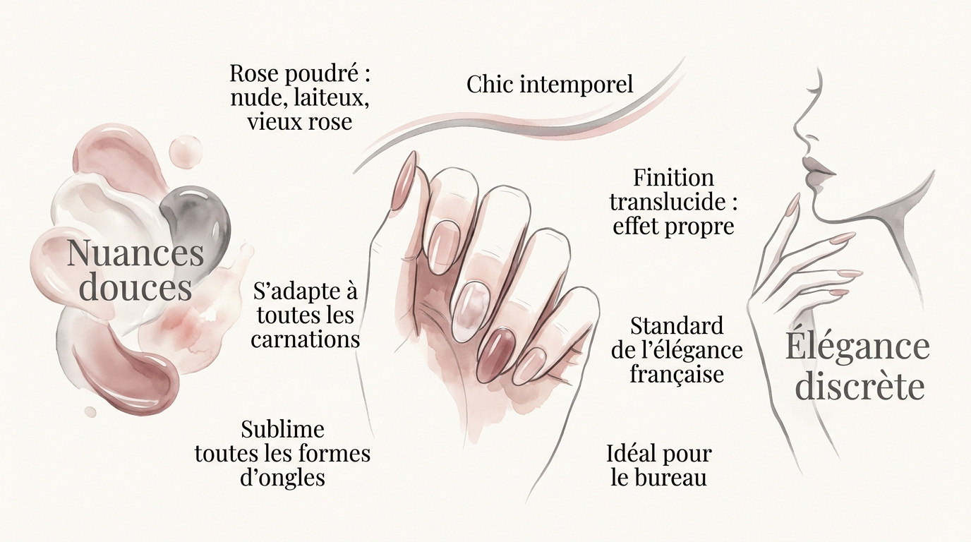 Manucure élégante avec vernis rose poudré sur ongles soignés