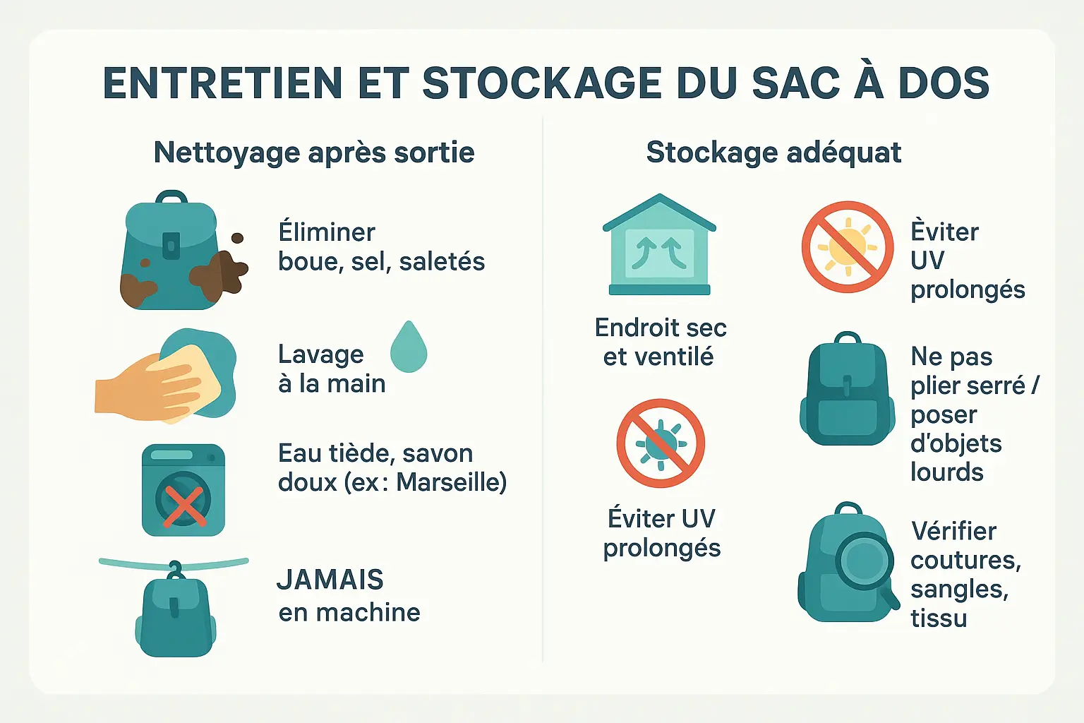 Illustration d'un sac à dos étanche posé sur une surface sèche, prêt pour le rangement