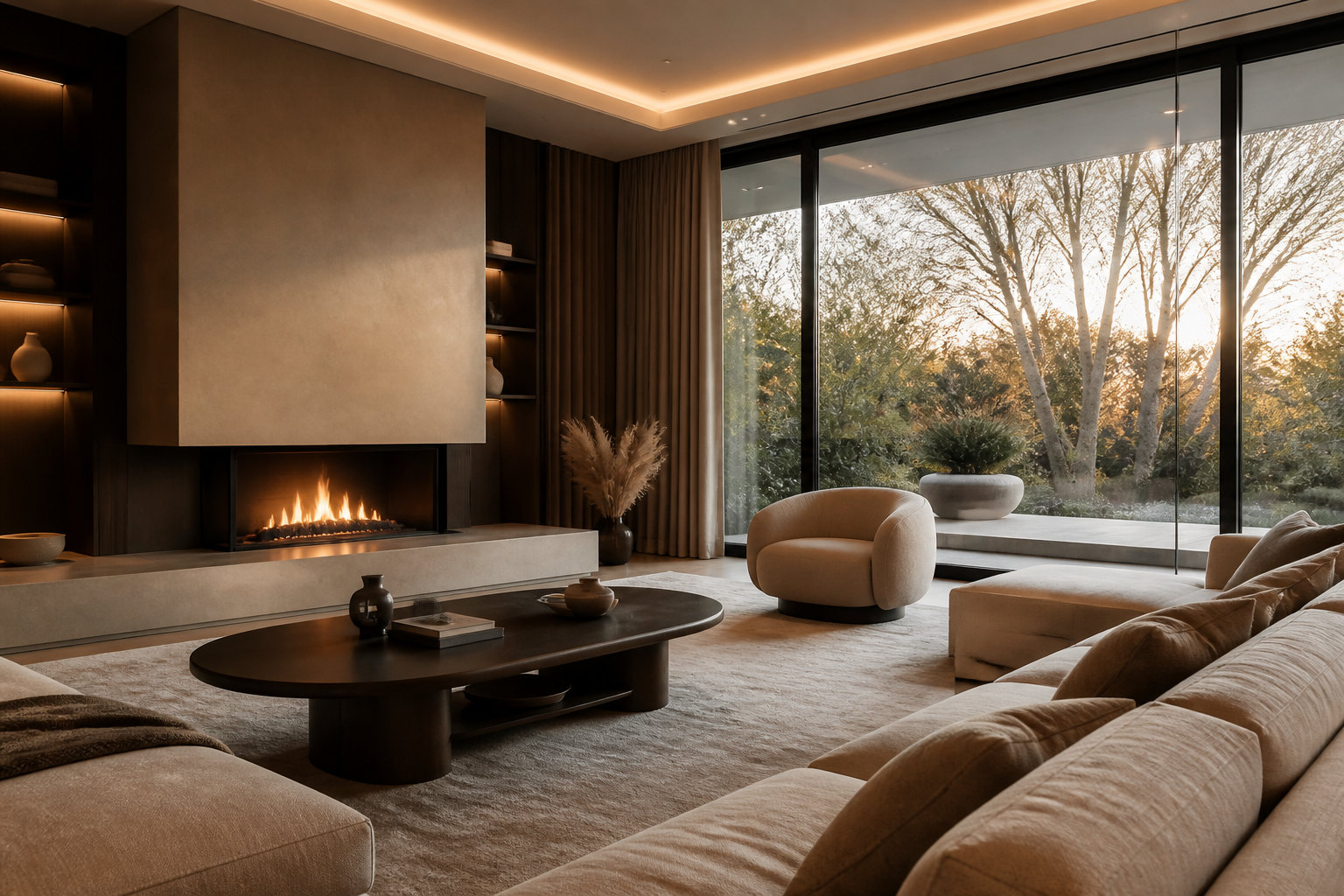 Séjour aménagé dans un style contemporain épuré, exemple de déclinaison stylistique d'une même typologie