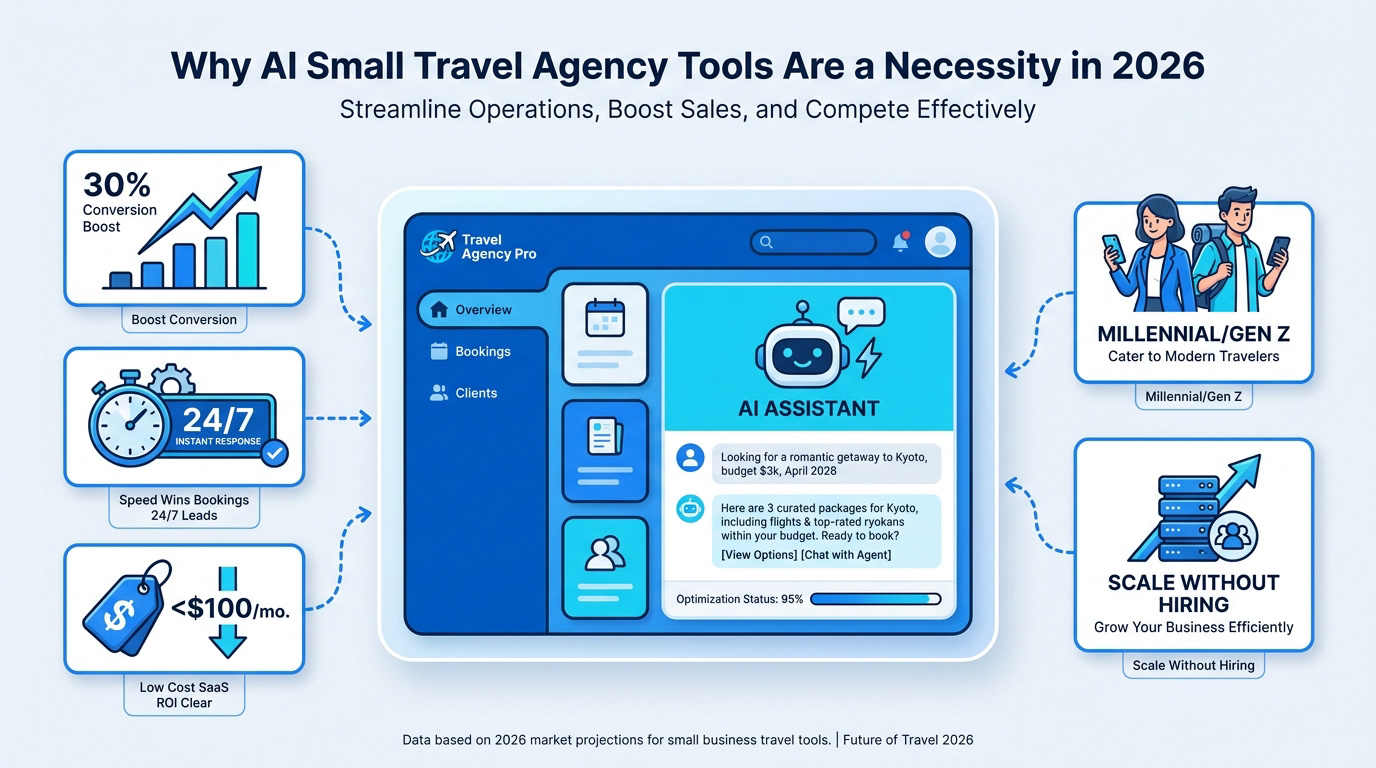Small travel agency owner using AI tools to plan a custom itinerary in 2026
