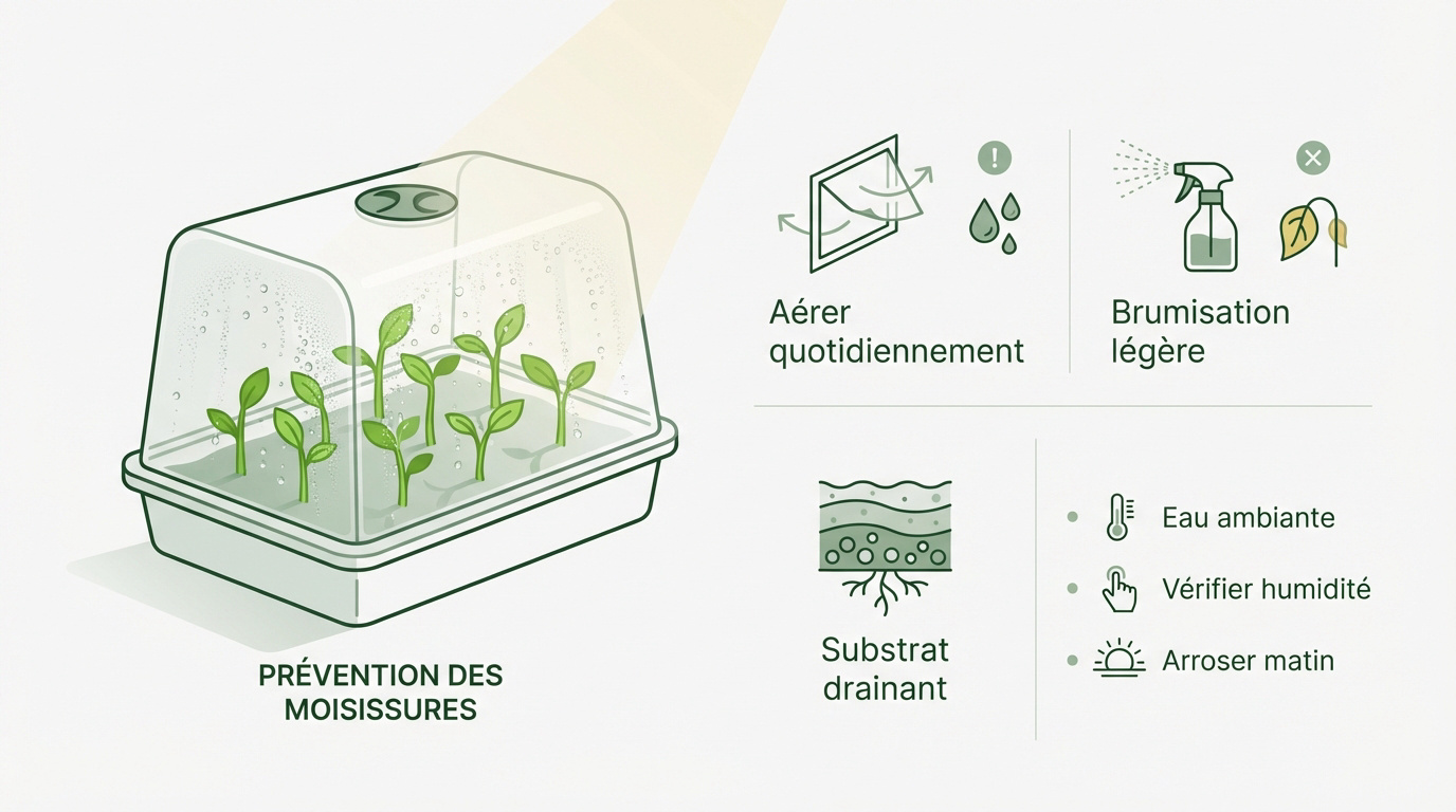 Aération d'une mini-serre pour éviter la fonte des semis et les moisissures