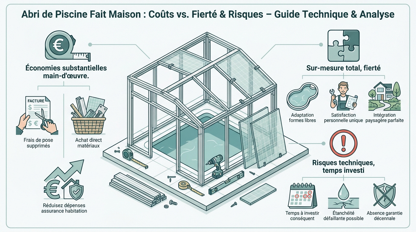 Abri de piscine en bois et polycarbonate auto-construit dans un jardin