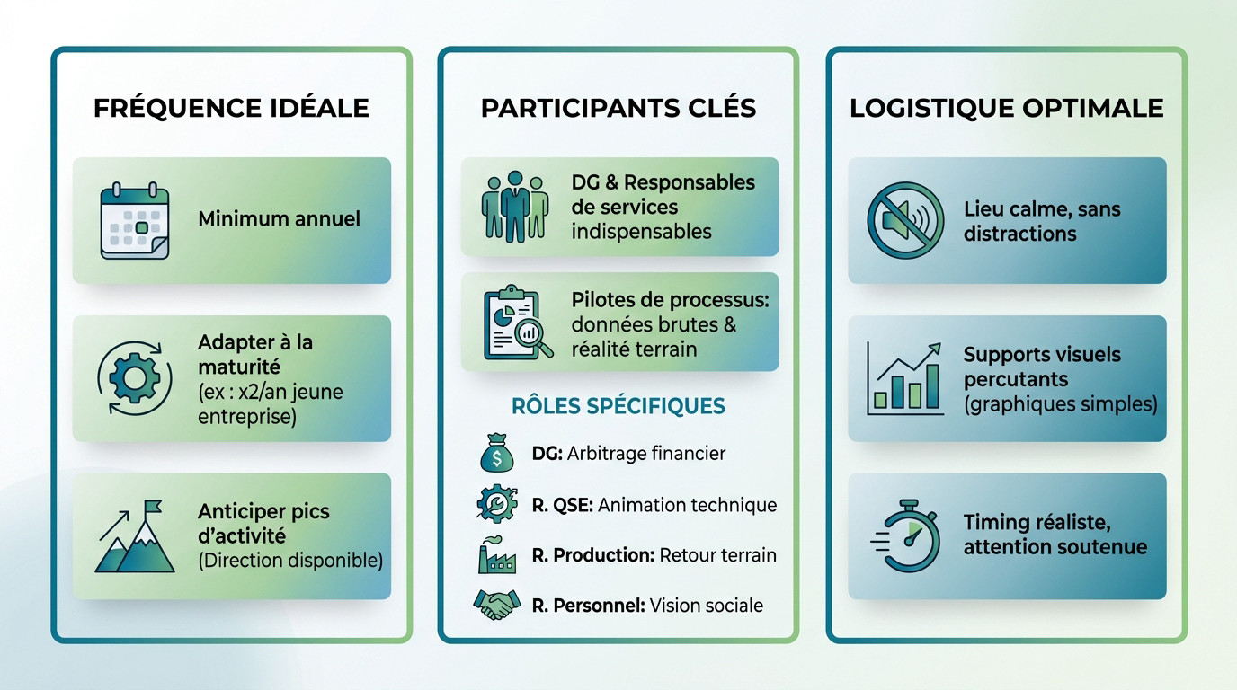 Salle de réunion organisée pour une revue de direction efficace avec supports visuels