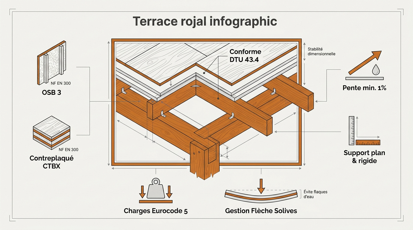 Schéma technique de l'étanchéité pour une toiture terrasse avec support bois