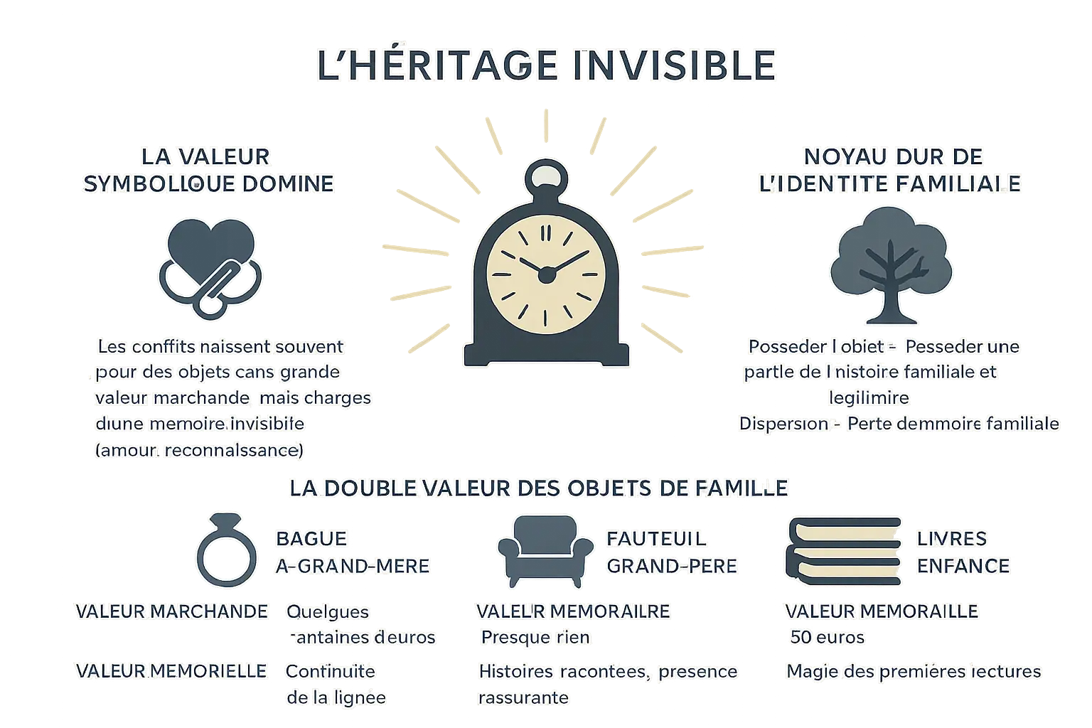 Illustration d'objets familiaux avec valeurs marchandes et mémorielles
