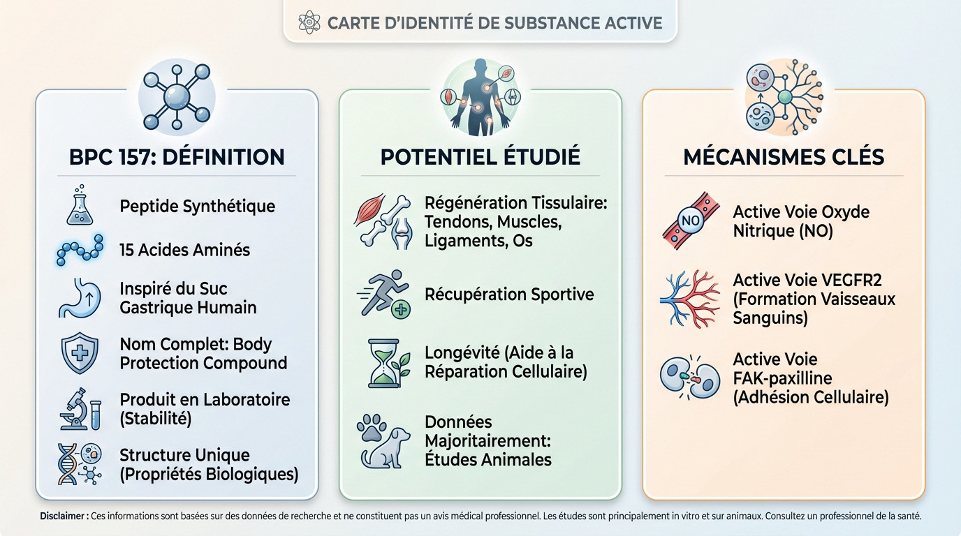 Schéma explicatif du peptide BPC-157, sa structure moléculaire et ses cibles biologiques