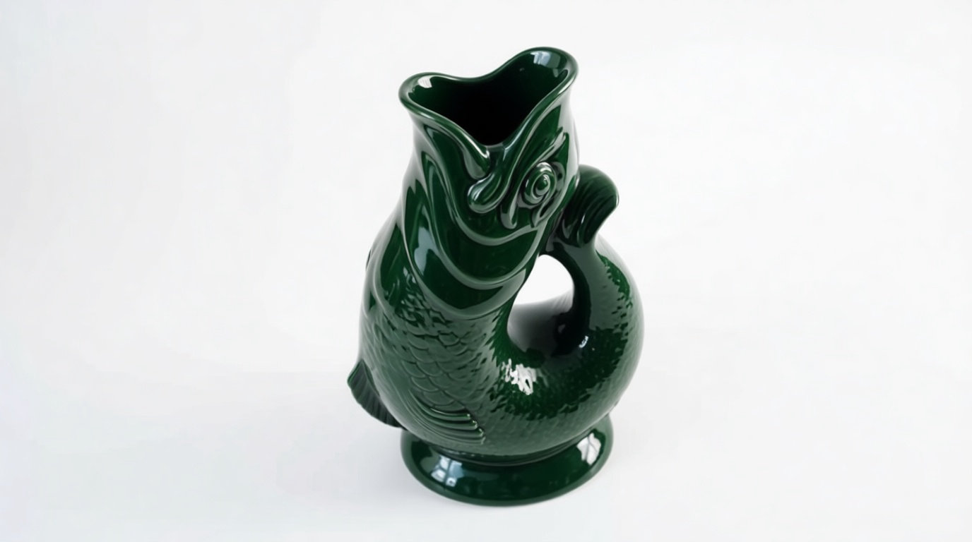 Carafe emblématique en céramique verte en forme de poisson (Gluggle Jug)