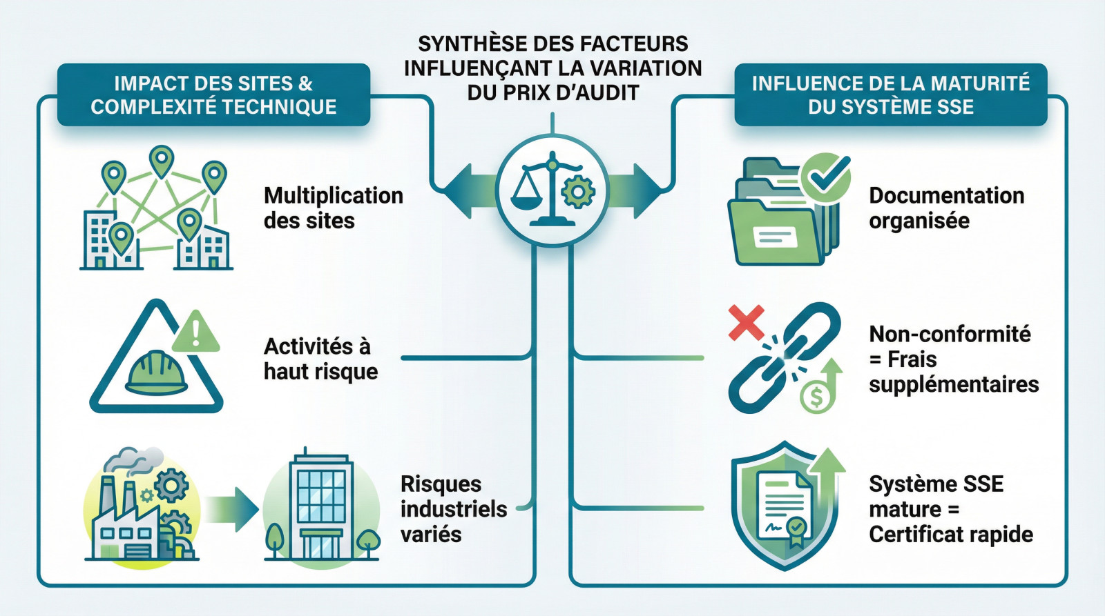 Graphique illustrant les variations de coût d'un audit MASE selon la complexité et le nombre de sites