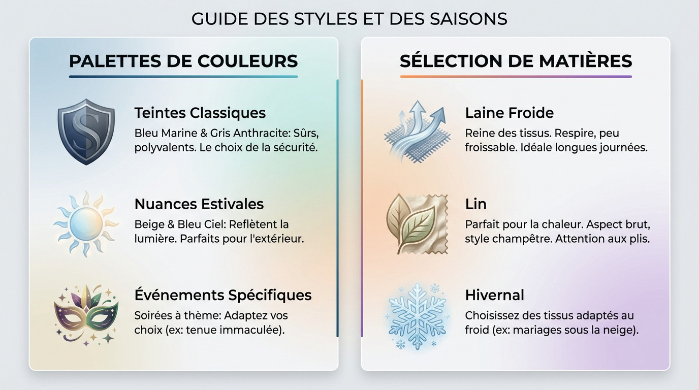 Guide visuel des styles de costumes et matières selon les saisons
