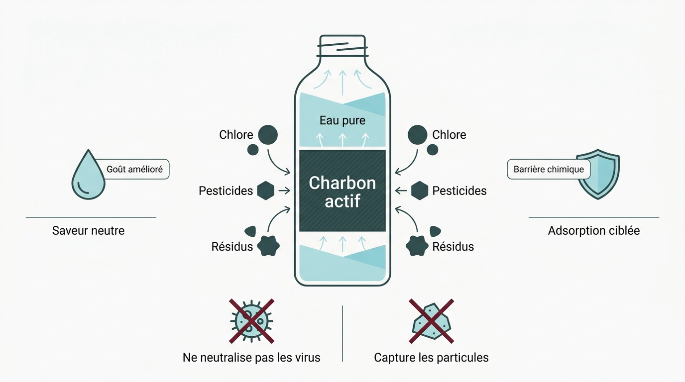 Infographie fonctionnement gourde filtrante charbon actif