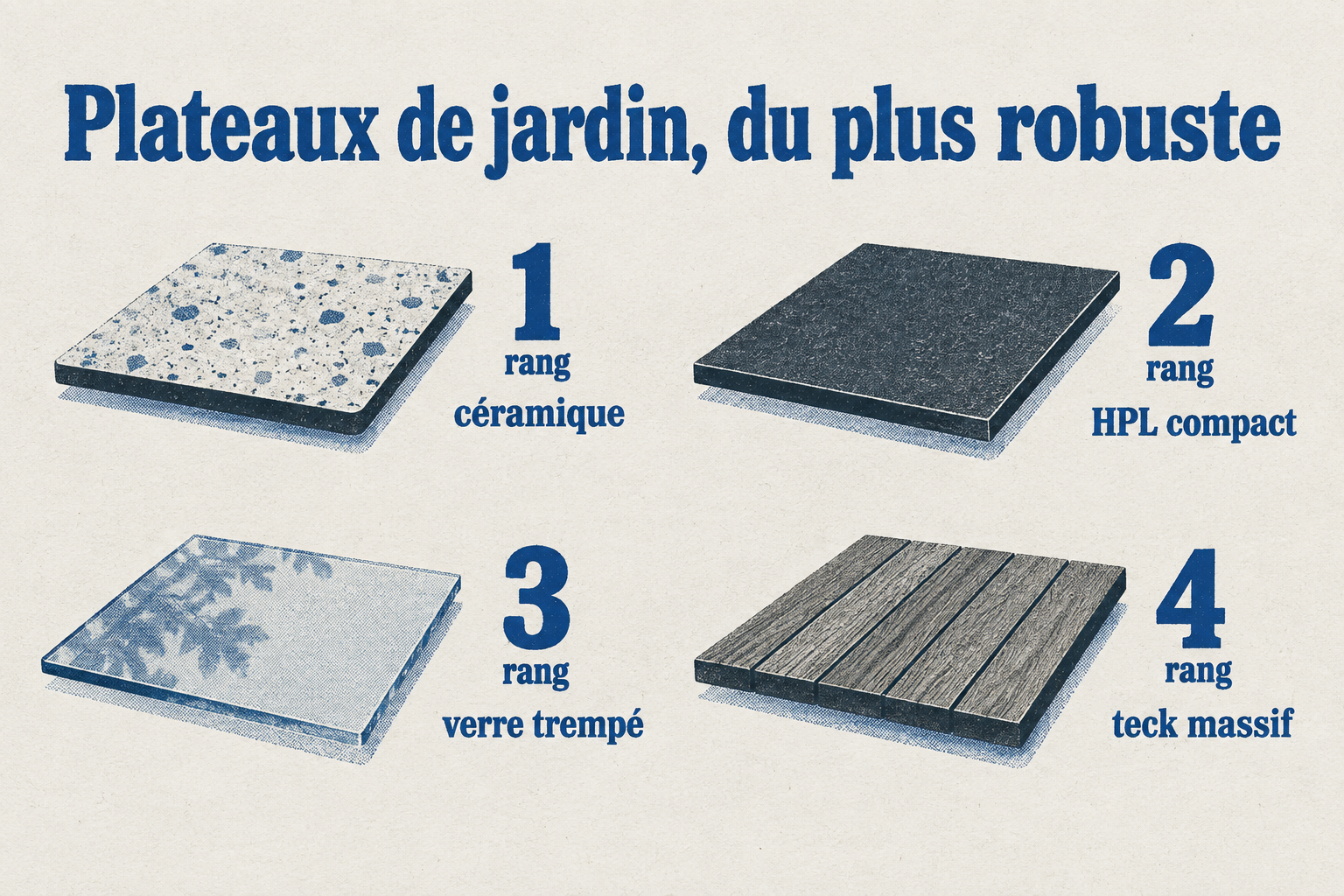 Hiérarchie des plateaux de jardin : céramique, HPL, verre trempé, teck, résine tressée
