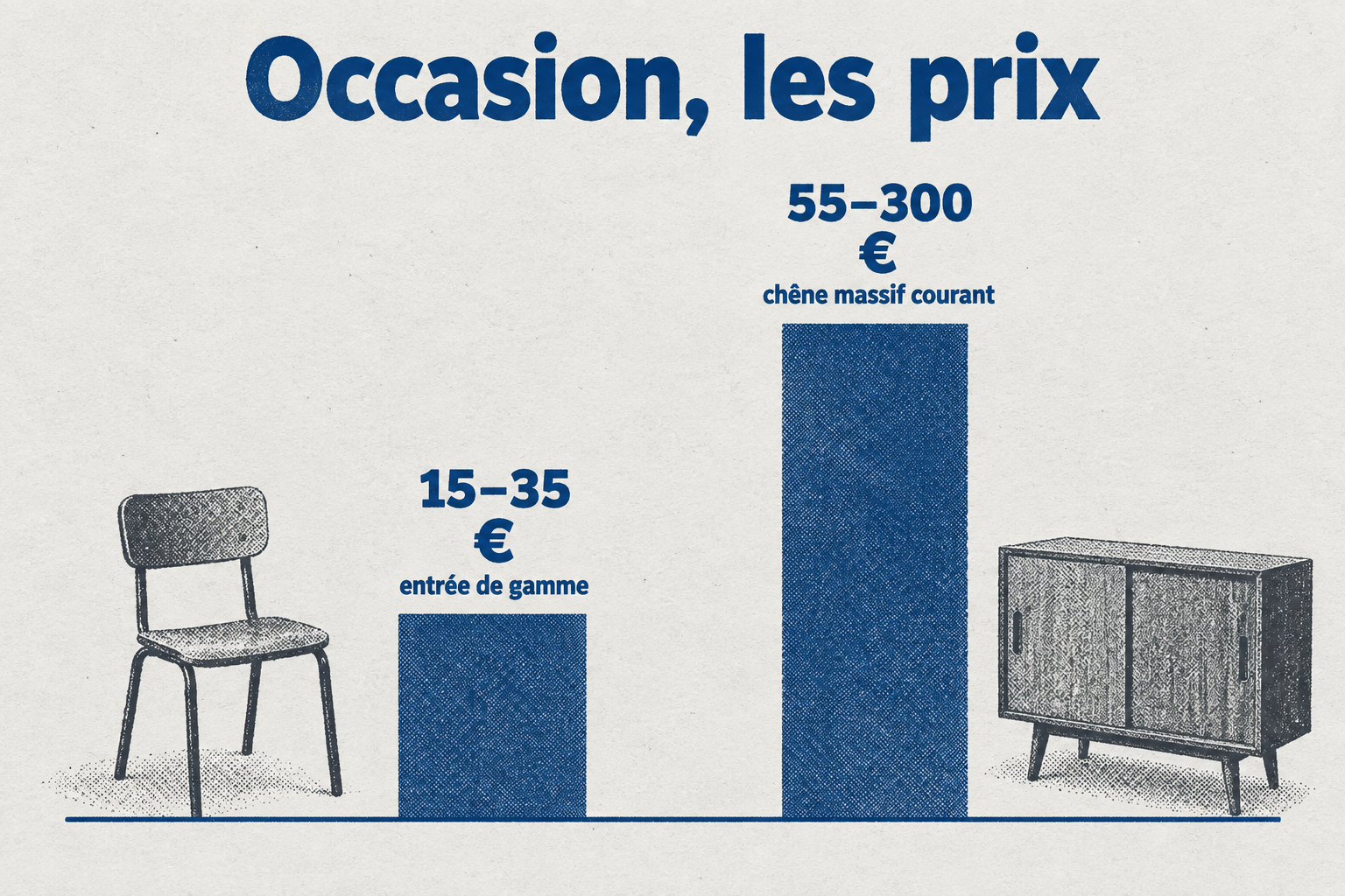 Prix des tables extensibles d'occasion : 15-35 € entrée de gamme, 55-300 € chêne massif
