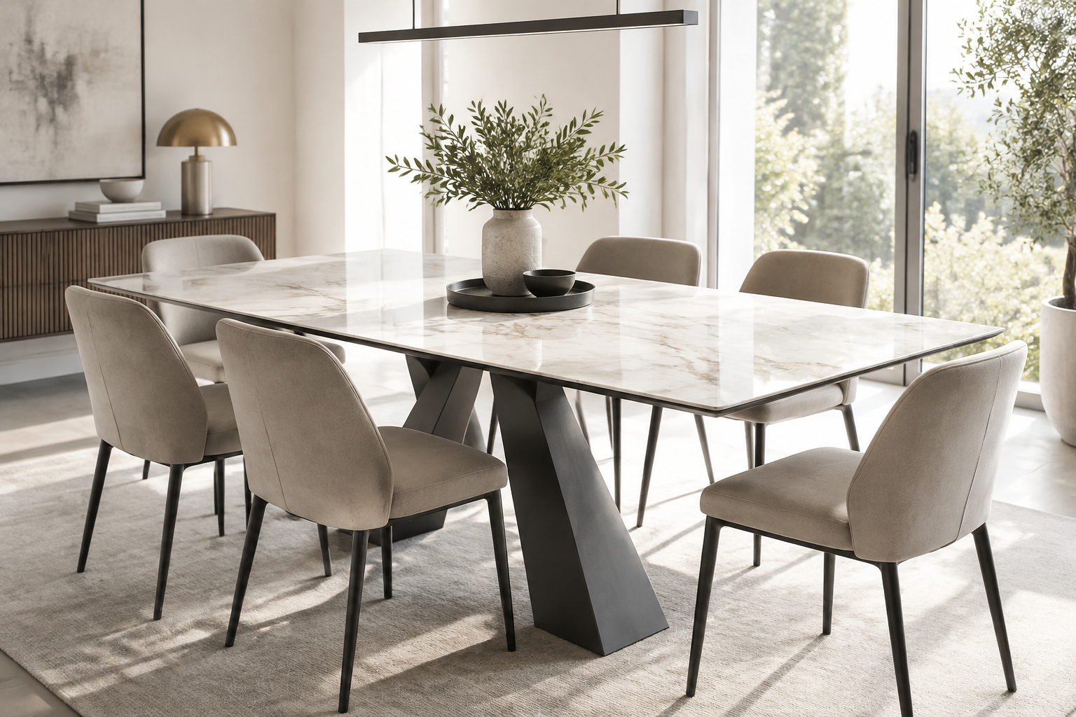 Une table à plateau céramique dans une salle à manger