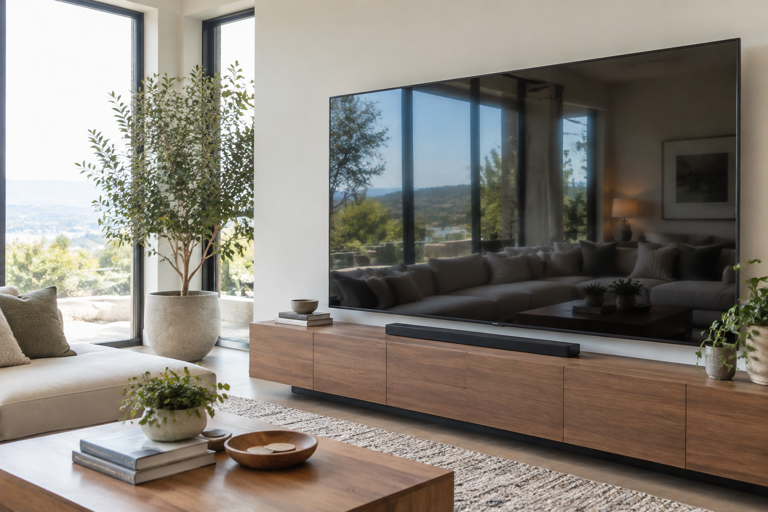 Reflets d'une baie vitrée sur un écran de télévision dans un salon
