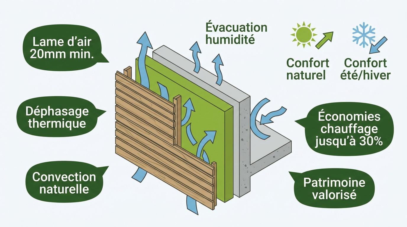 Coupe technique d'une isolation thermique par l'extérieur avec bardage ventilé montrant l'isolant et la lame d'air
