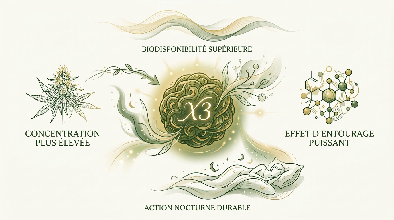 Infographie expliquant les bienfaits de la résine CBD pour le sommeil et la relaxation nocturne