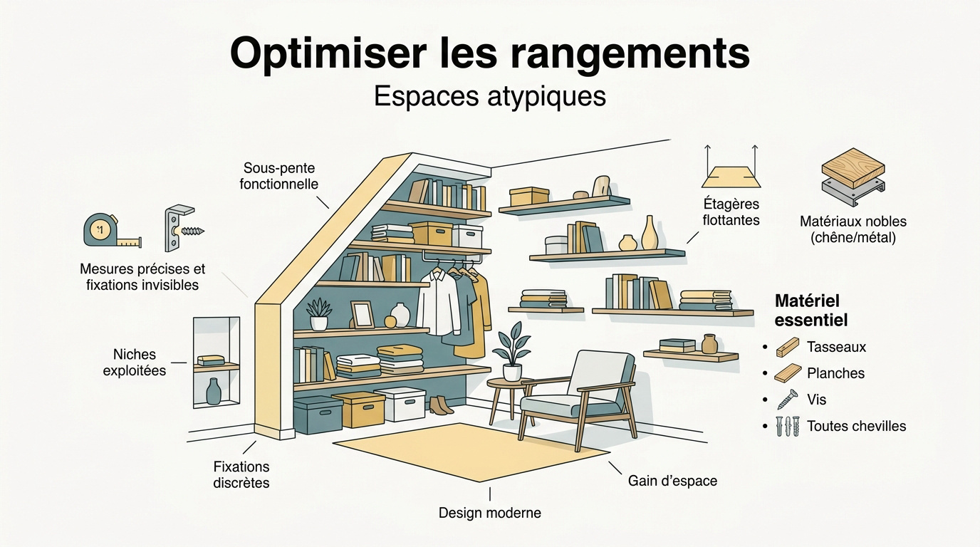 Aménagement d'étagères sur mesure dans un espace sous pente pour optimiser le rangement