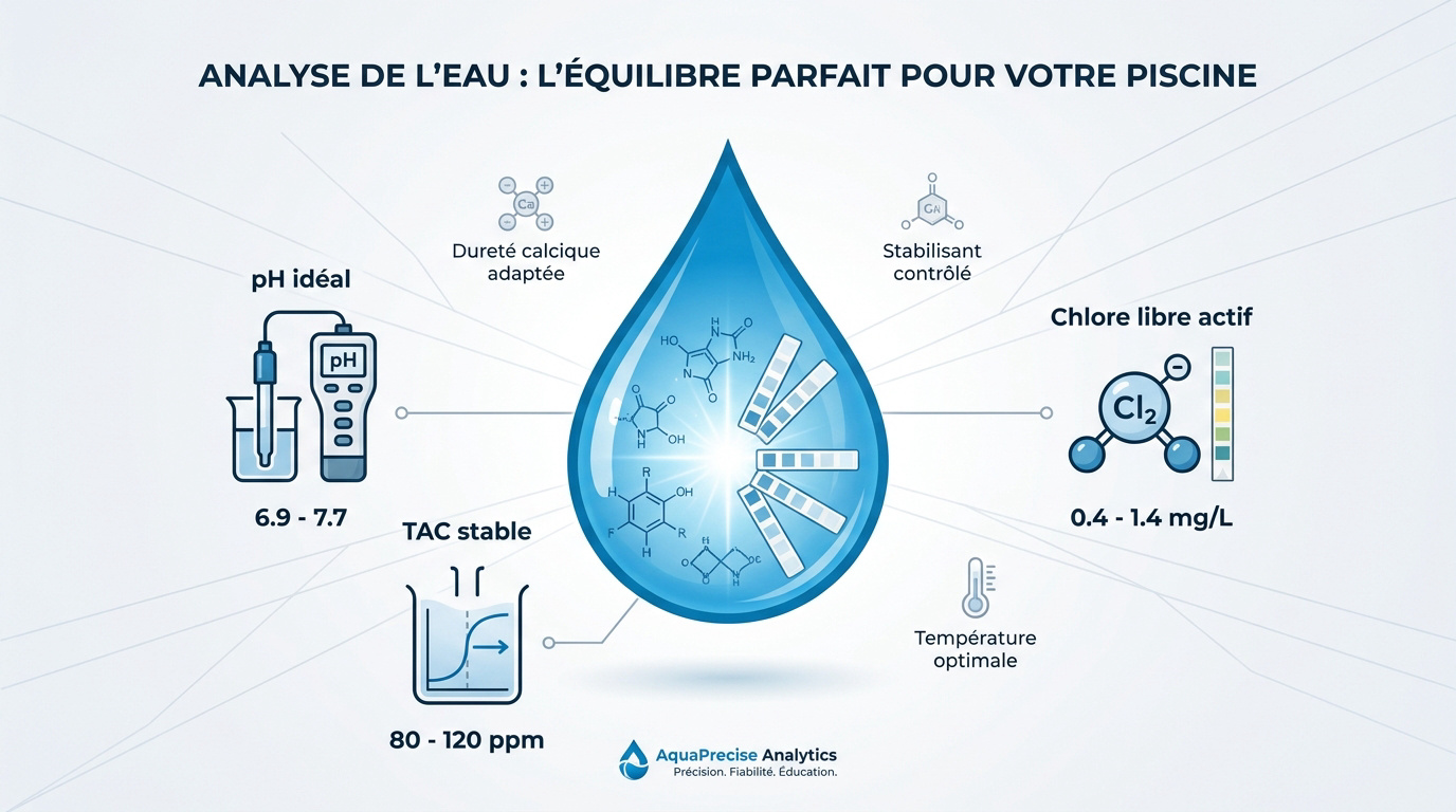 Analyse de l'eau de piscine avec bandelettes de test colorimétriques