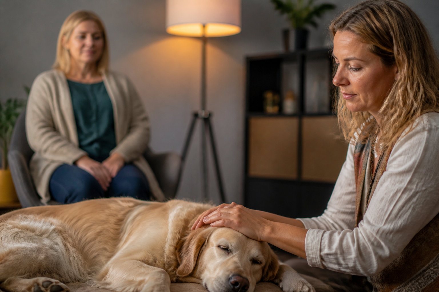 Femme caressant doucement son chien dans un cadre apaisant