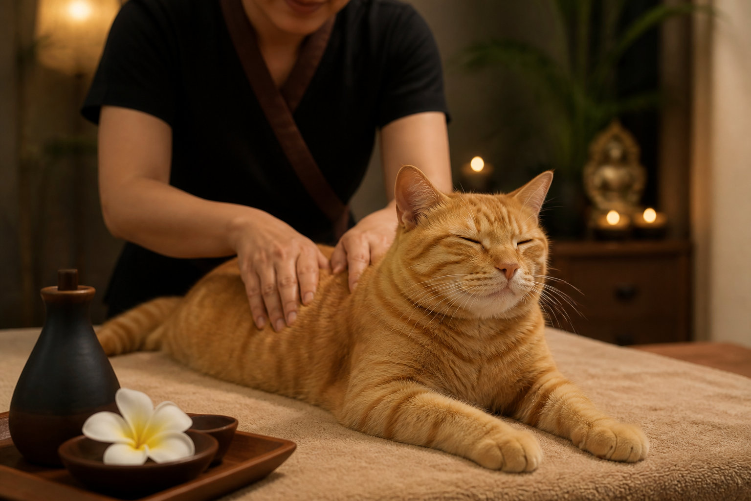 Chat roux recevant un massage relaxant pour ses tensions dorsales