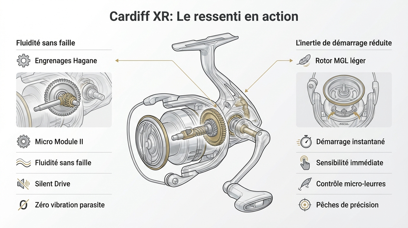 Moulinet Shimano Cardiff XR posé au bord d'une rivière à truites