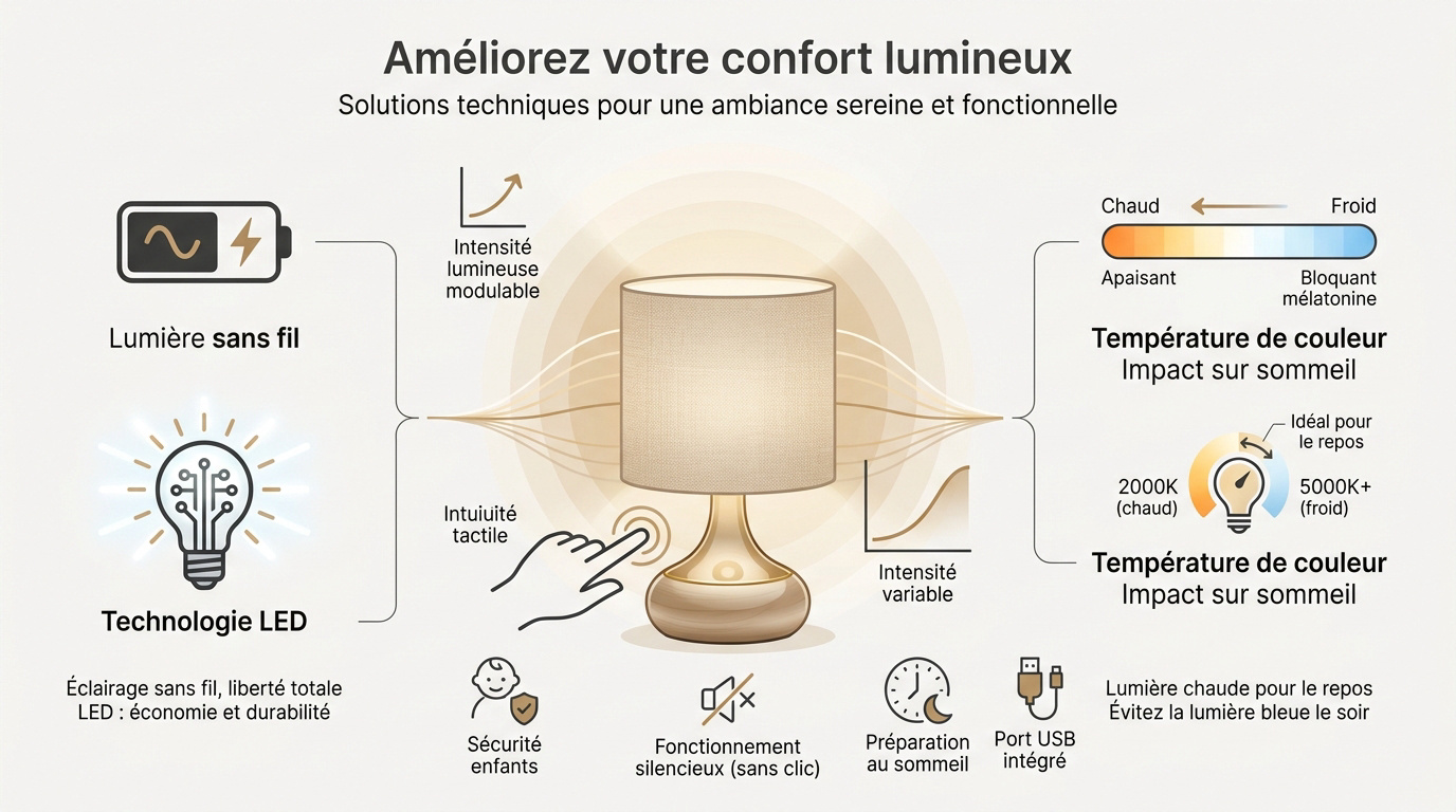 Lampe de chevet moderne avec éclairage LED chaleureux pour un confort nocturne optimal