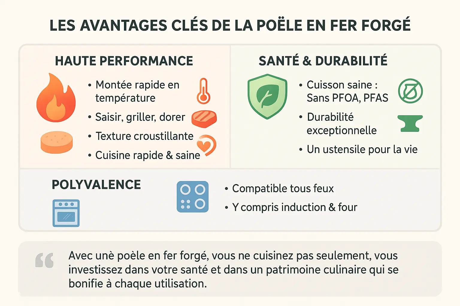 Un petit poêle en fer forgé posé sur une plaque de cuisson, illustrant la cuisson saine et durable
