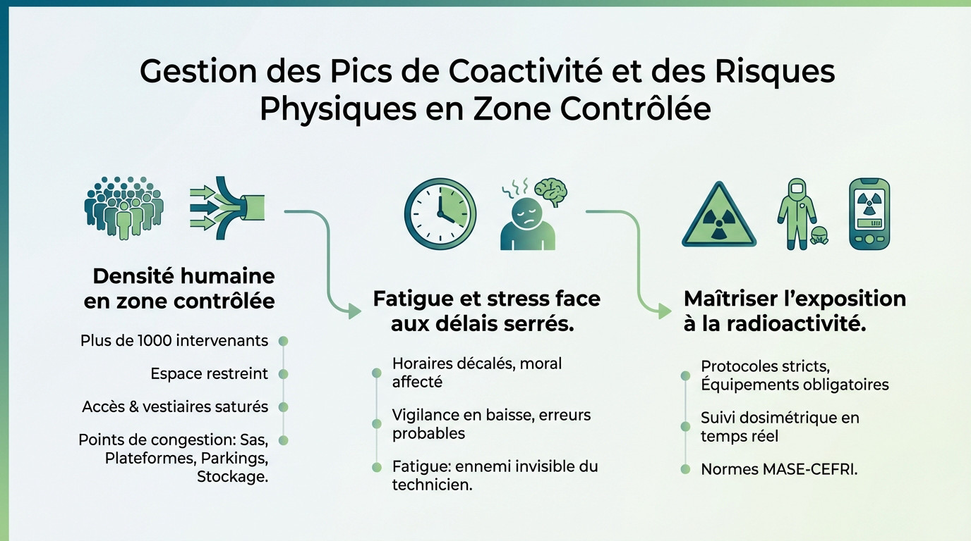 Techniciens en tenue de protection gérant la coactivité et les risques physiques en zone contrôlée lors d'un arrêt de tranche