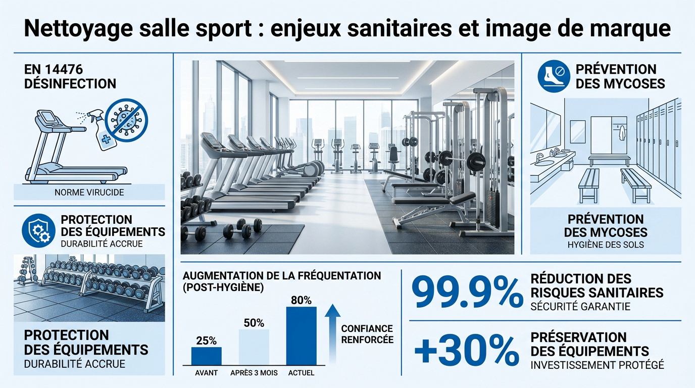 Nettoyage professionnel d'une salle de sport et désinfection des équipements