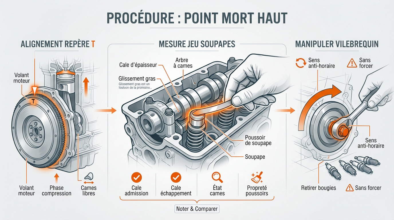 Alignement du repère T sur le volant moteur pour le réglage du jeu aux soupapes