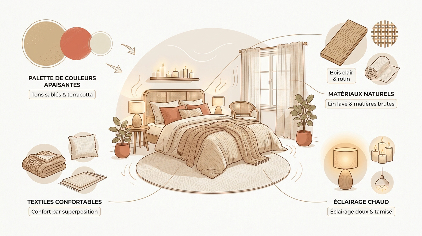 Aménagement d'une chambre cocooning avec textiles en lin et mobilier en bois clair