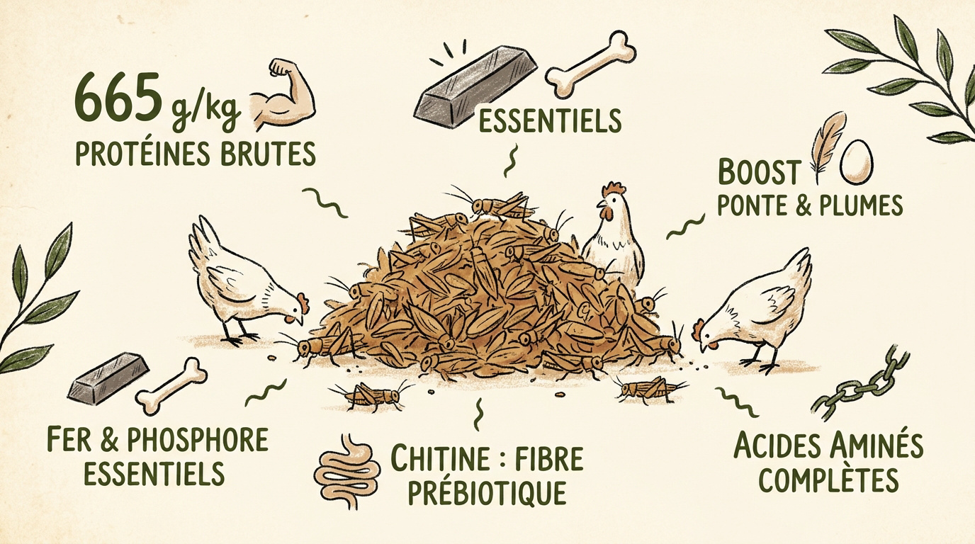 Groupe de poules rousses picorant des insectes séchés dans une cour de ferme