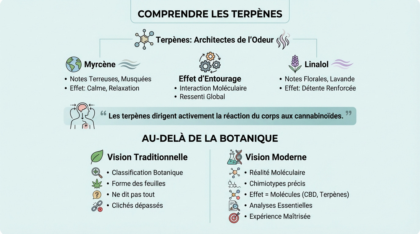 Schéma explicatif de l'influence des terpènes myrcène et linalol sur le profil Indica