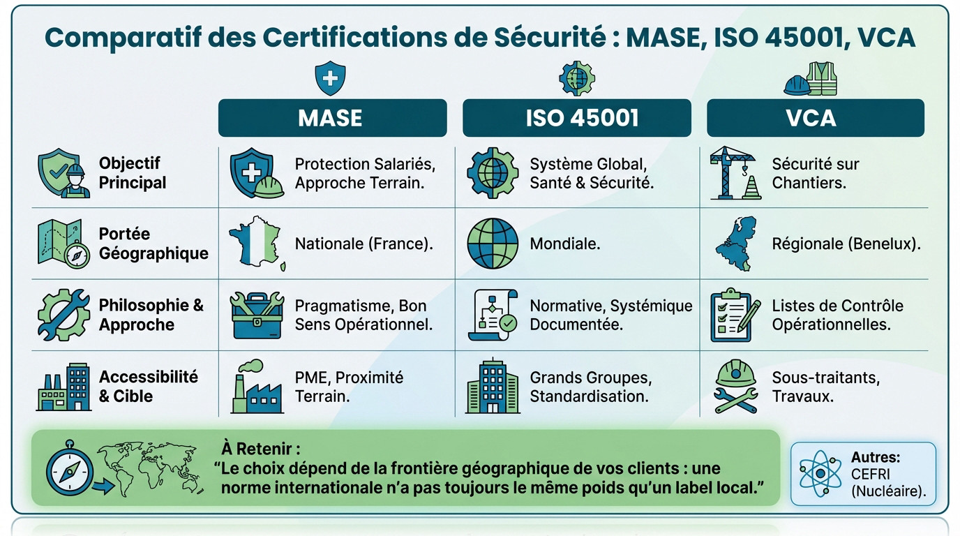 Tableau comparatif des certifications sécurité MASE, ISO 45001 et VCA pour les entreprises
