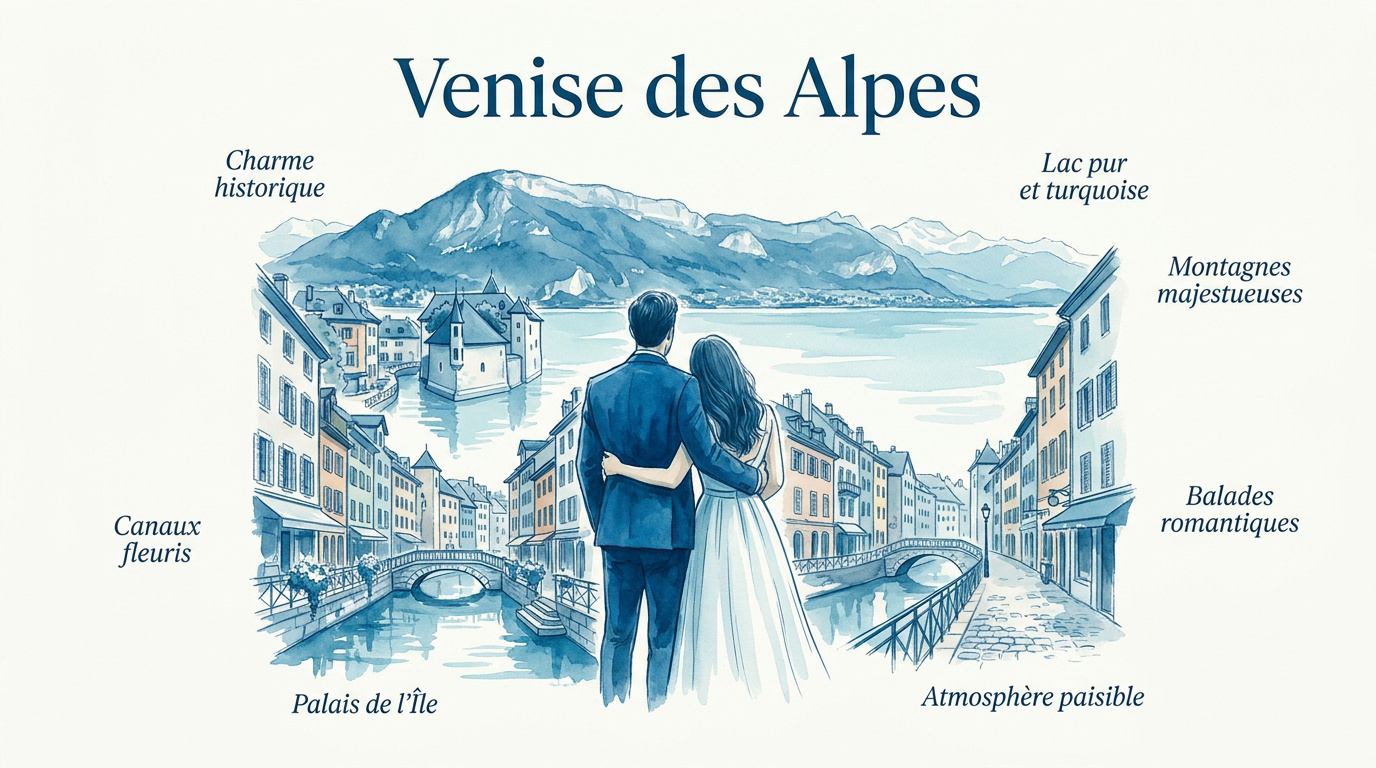 Canaux fleuris et Palais de l'Île dans la vieille ville d'Annecy