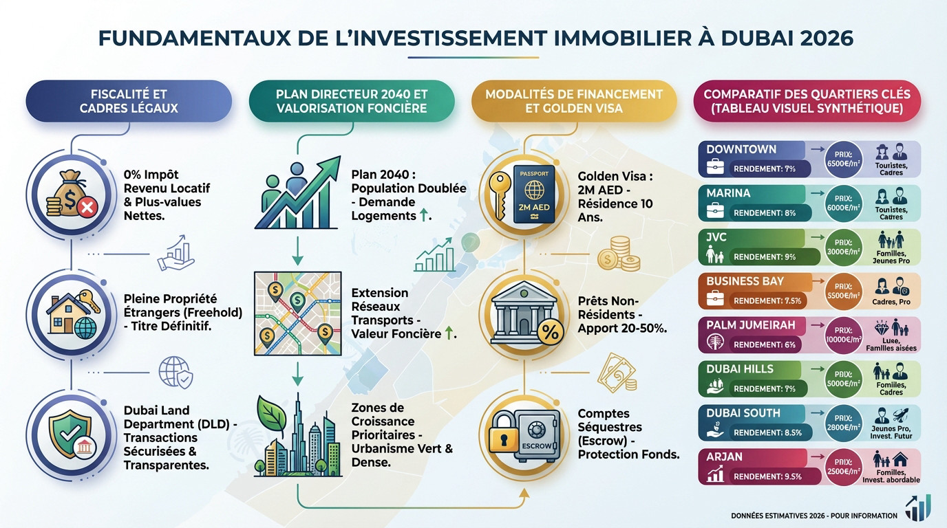 Panorama urbain de Dubaï montrant les nouveaux développements immobiliers et la skyline 2026