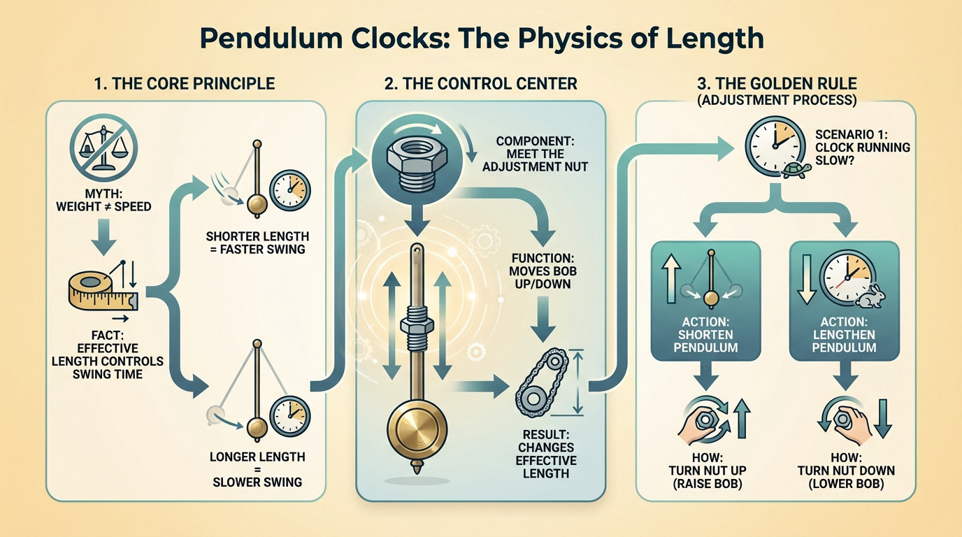 Close-up of a clock pendulum bob and adjustment nut used to regulate speed