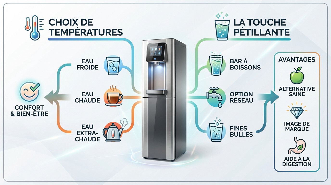 Infographie d&eacute;taillant les fonctionnalit&eacute;s avanc&eacute;es d'un distributeur d'eau moderne pour les professionnels