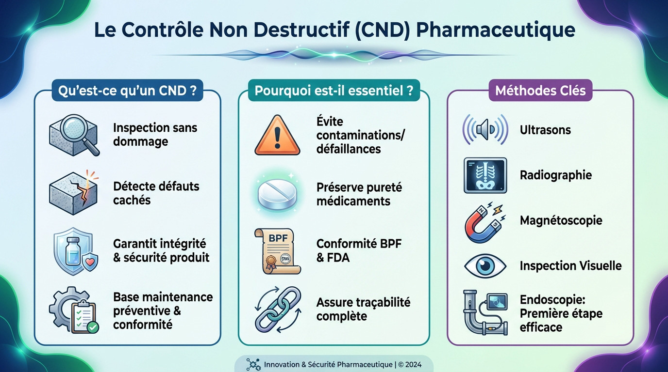 Technicien effectuant un contrôle non destructif CND pharmaceutique sur une installation industrielle