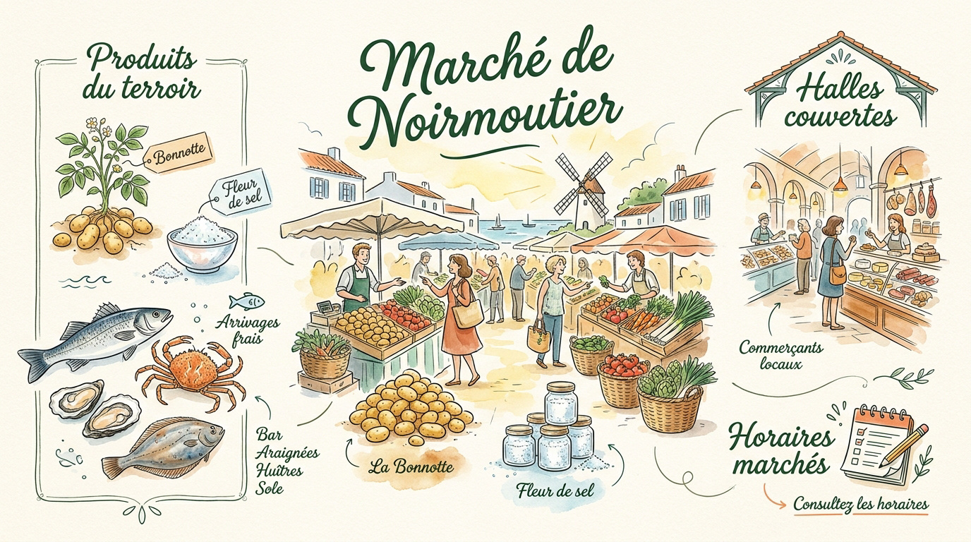 Étal de produits locaux au marché de Noirmoutier