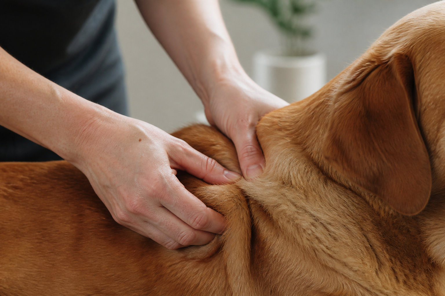 Gros plan sur un massage d'épaule réalisé sur un chien
