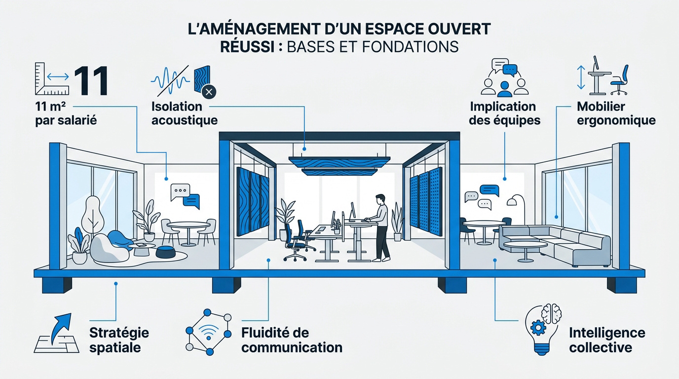 Aménagement moderne d'un bureau en open space avec zones collaboratives et mobilier ergonomique