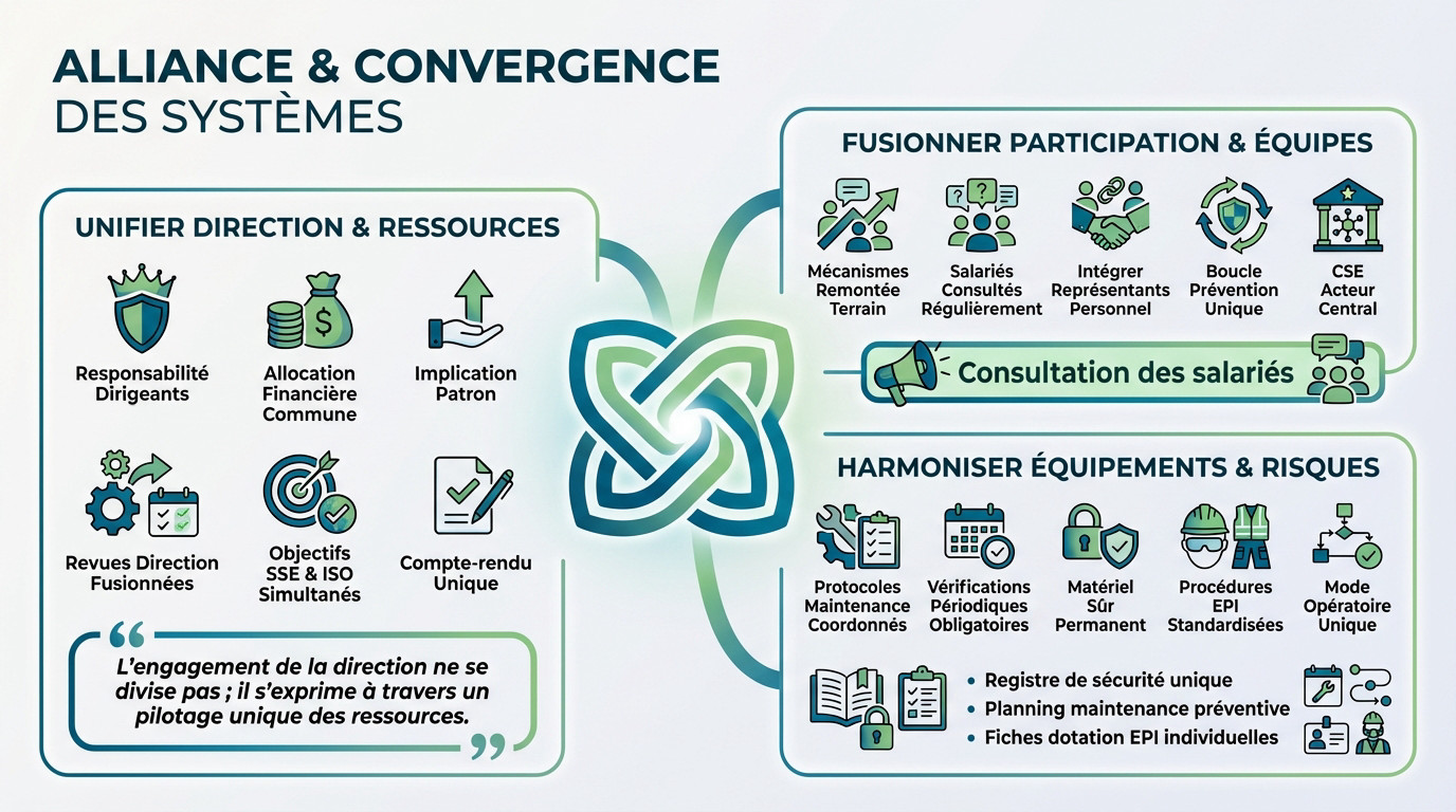 Schéma de convergence technique montrant l'alignement entre les exigences MASE et ISO 45001