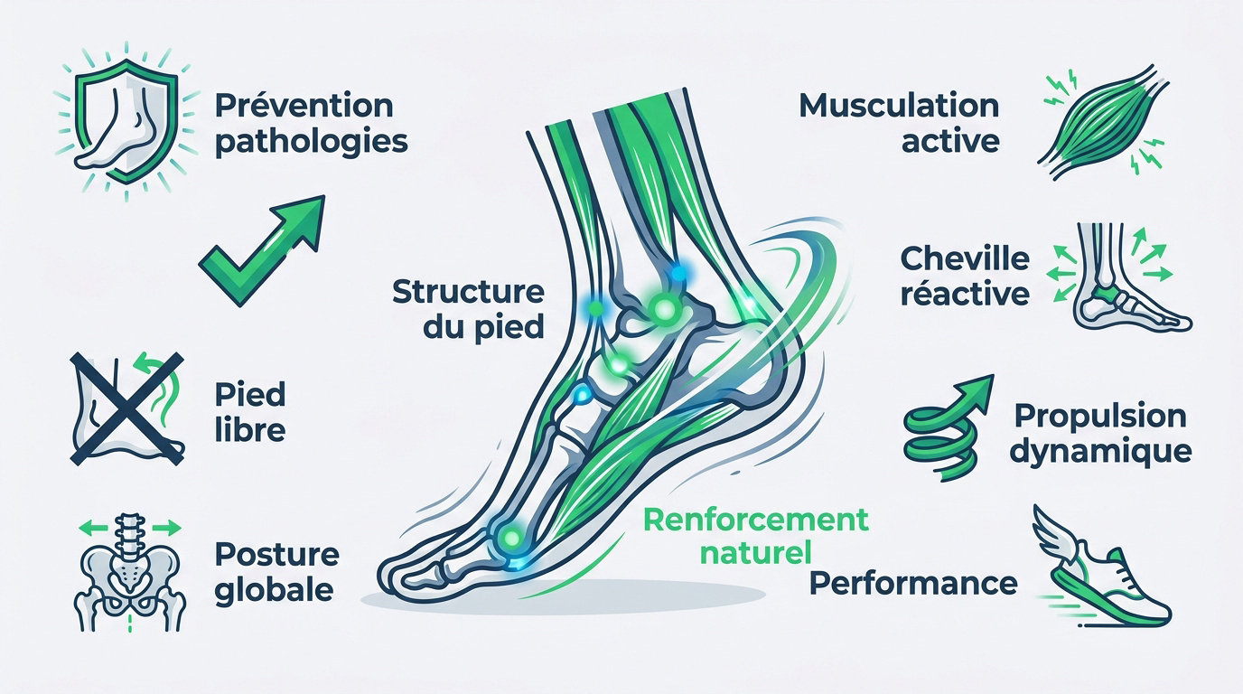 Schéma anatomique du pied montrant les muscles intrinsèques sollicités en course barefoot
