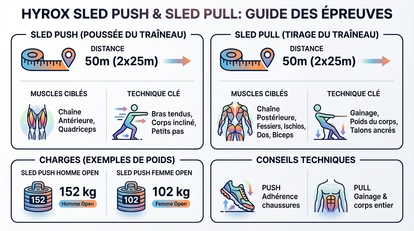 Athlète Hyrox effectuant un Sled Push intense sur le tapis de compétition
