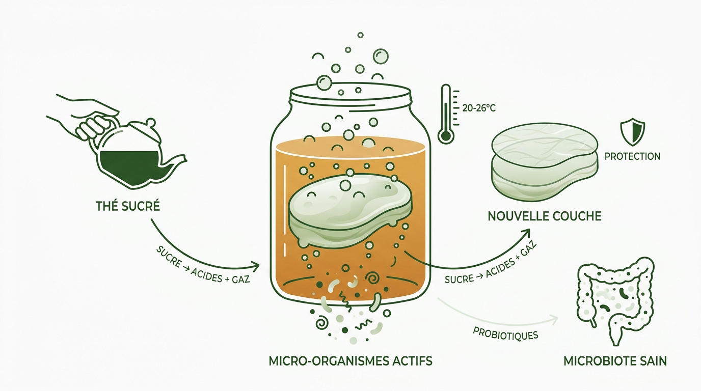 Infographie détaillant les étapes biologiques de la fermentation du kombucha maison