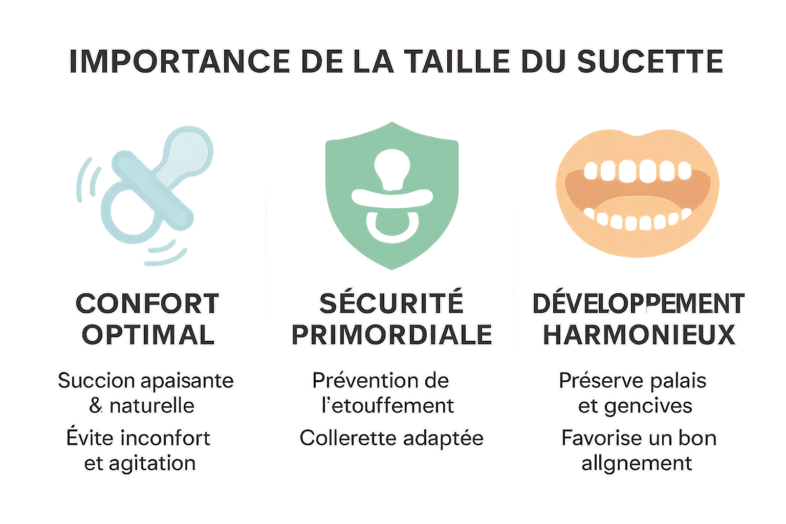 Illustration montrant les tailles de sucettes adaptées à l'âge d'un bébé