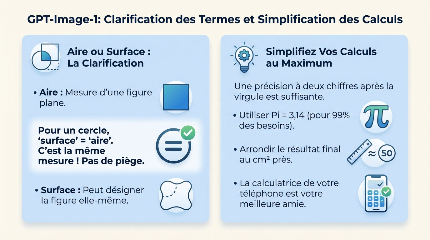 Infographie expliquant la différence entre aire et surface et simplifiant le calcul géométrique
