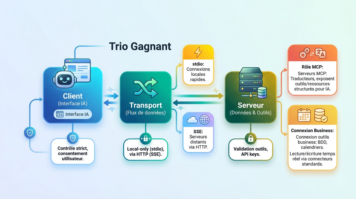 Schéma de l'architecture MCP illustrant la communication entre client, serveur et couche de transport