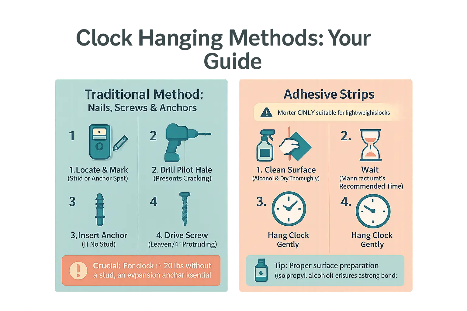 Illustration of traditional vs no-drill clock hanging methods